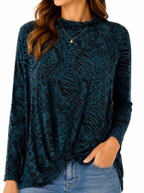 JENNIFER LOPEZ Animal Print Twist Front Mock Neck Knit Top EUC